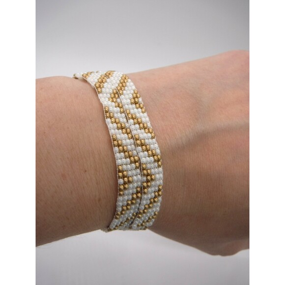 Loom Beaded Chocker Necklace Pearl & Gold - Picture 2 of 5